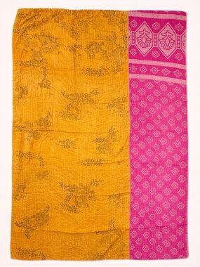 Kantha Throw Quilt Reversible Yellow Pink Purple Cotton 50 x 84 NWOT